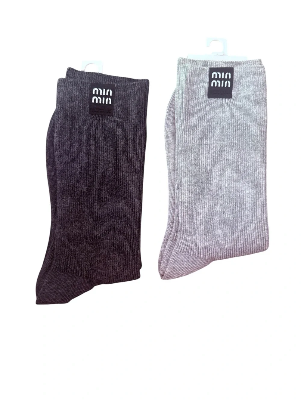 2 Pair Ribbed Miu Miu Outlet Crew Socks - Charcoal & Gray